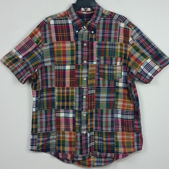 Ralph Lauren Men's Vintage Bleeding Madras ColorfulPatchwork Plaid Shirt sz XL